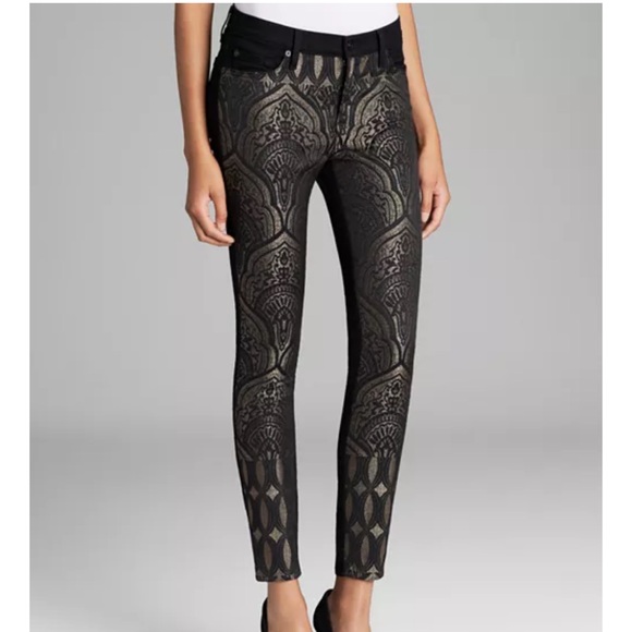 7 For All Mankind 7FAM The Pieced Skinny Jeans in Art Nouveau Jacquard 27 Black - Picture 1 of 9
